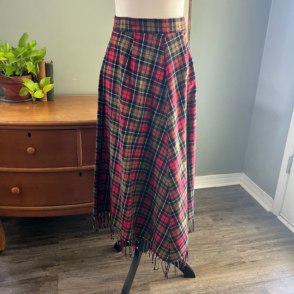 Vintage Plaid Wool Blend Fringe Maxi Skirt Red Brown A-Line Outlander Style 6